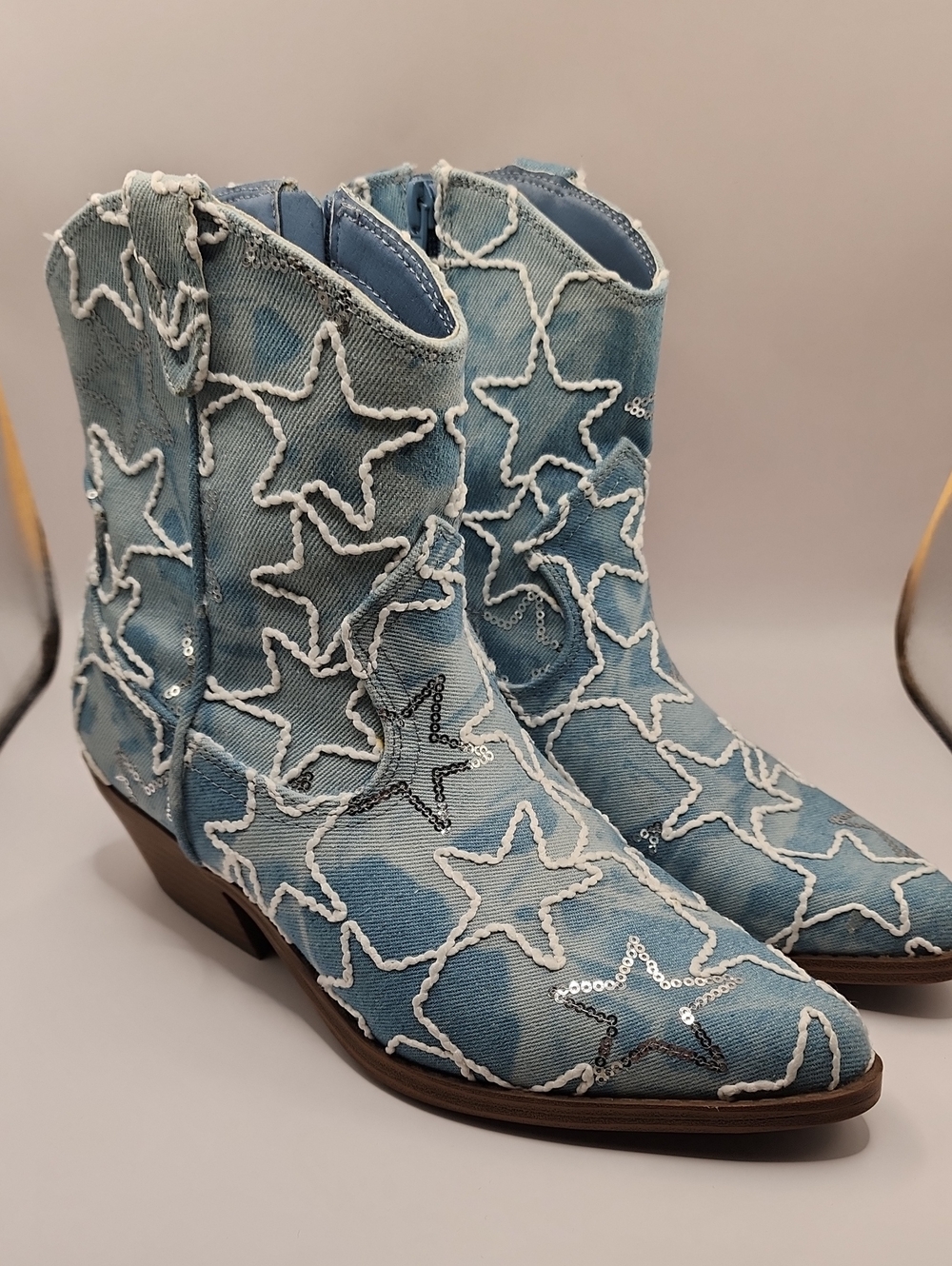 No Boundaries Light Blue Star Denim Cowboy Ankle Boots